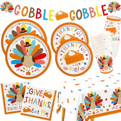 Thanksgiving turkey Decorations turkey Disposable Paper Plates Napkins Cups with Waterproof Plastic Tablecloth for Happy Thanksgiving Dinner Party turkey Party Decorations Serve 25