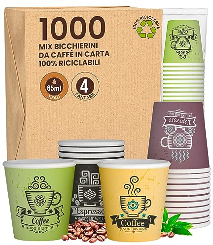 Eurocali 1000 Gobelets en Papier pour Café 65ml CuzcoCUP Mix Gobelets Écologiques & Biodégradables Jetables Petits Pour Emporter Boissons Chaudes