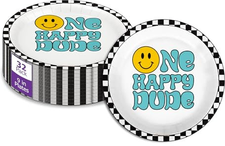 One Happy Dude Smiley Face First Birthday - 32 Piece Disposable Party Supplies - Decorations for Boy's 1st Birthday Round Party Plates - Large 9 Paper Plates In Bulk