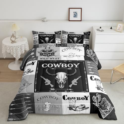 Erosebridal Western-Cowboy-Bettwäsche-Set, King-Size-Größe, Jungen, Südwestliches Pferd, Bullenschädel Steppdecke, Vintage-Stil, Bauernhoftier-Bettbezug, Pfeil, Kaktus, Reitstiefel, Schlafzimmer-Dekor