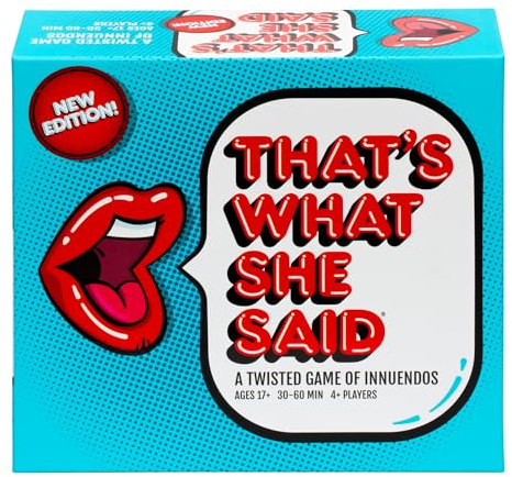 That's What She Said – Second Edition passen alle neuen verrückten Setup-Karten mit neuen lustigen Satzkarten, um zu sehen, wer den schmutzigsten Sinn für Humor hat, ab 17 Jahren, für 4 Spieler