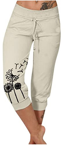 EMATOP Sommer Hose für Frauen 3/4 Capris Jogginghose Freizeit Leichte Sweathose Elastische Taille Sporthose mit Taschen Laufhosen Löwenzahn Muster Freizeithosen Baumwolle Bequem Yogahose