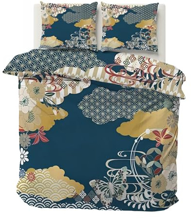 SYHIEGO Japanische Blumen Bettwäsche 135x200 Kinder Mädchen Mikrofaser Wende-Bettwäsche-Set mit Reißverschluß, Bettbezug Blau 2 Teilig Set Kuschel Deckenbezug mit 1 x Kissenbezug 80x80cm