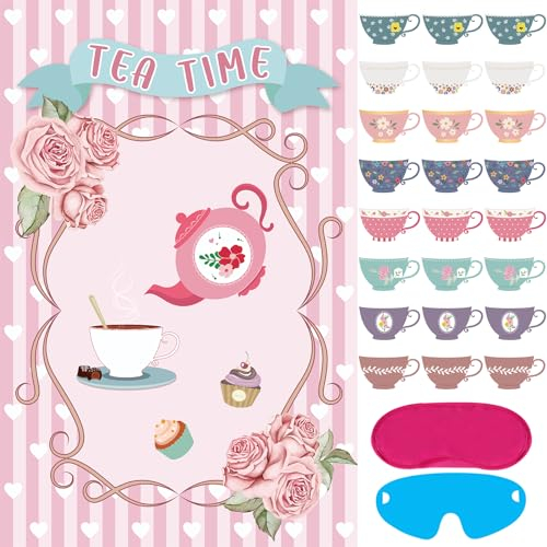 Hxezoc Tea Party Games: Pin The Tea Cup With 24 Pcs Stickers, Large Games Poster for Girls' Birthday Party