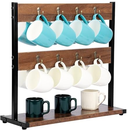 BELLE VOUS Wooden Mug Tree Cup Holder - Vintage Coffee Station/Coffee Bar Mug Storage Stand - Kitchen Cup Organiser Coffee Stand with 16 Cup Hooks