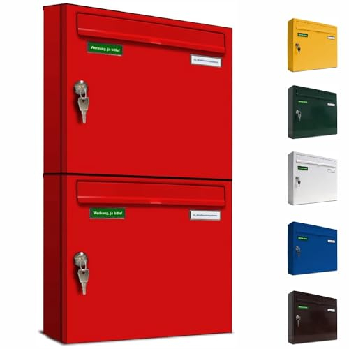 AL Briefkastensysteme Basic 2er Briefkasten RAL 3000 Feuer Rot 2 Fächer DIN A4 wetterfest Briefkastenanlage mit Posthaltebügel und 2 Namensschildern