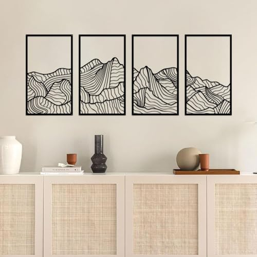 Resama 4 Stück Berge Metall Wanddekoration, Abstrakt Minimalistische Schwarze Linie Zeichnung Wandkunst für Haus Wohnzimmer Schlafzimmer Büro