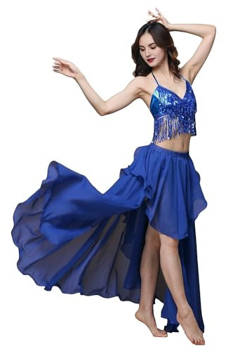 MUNAFIE Langer Rock mit Schlitz Irregulär Röcke für Damen Tanzrock Tanzkleid Bauchtanz Kostüm Dunkelblau