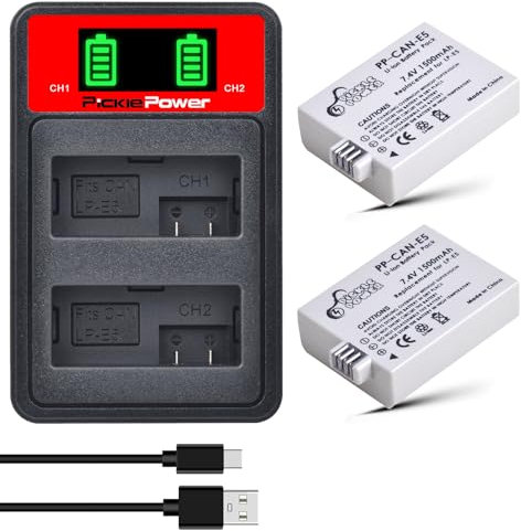 Pickle Power 2Pcs LP-E5 Battery and Charger for Canon EOS 500D, 1000D, EOS 450D, Rebel XSi, EOS kiss X2, Rebel XS, Kiss F, Rebel T1i, Kiss X3