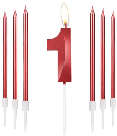 mciskin Red 1 Birthday Candles-3D Design Number 1 Candle for Cake with 6pcs Long/Thin Candles Set, Red Cake Topper for Girl 1st Birthday Decorations Supplies,1st Wedding Anniversary Decorations