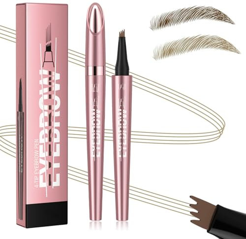 Microblading Eyebrow Pen-2024 New Magic Eyebrow Pencil with 4 Fork Tip for Natural-Looking Hair-Like Defined Brows, Long-Lasting for 24 HR Wear, Waterproof Eyebrow Pen - Light Brown