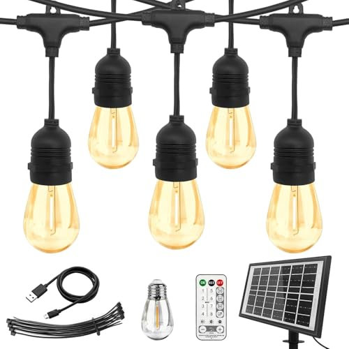 CTDZLED Solar String Lights Outdoor 33FT, 15+1 S14 Edison Bulbs Waterproof and Shatterproof Heavy Duty String Lights Outdoor, 6000mAh&USB-C, String Lights with Remote for Patio Garden Party 8 Modes
