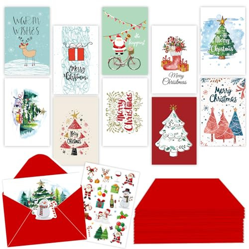 10 Stück Weihnachtskarten Set Klappkarten mit Umschlägen Karte & Sticker Frohe Weihnachten Merry Christmas handgezeichnete Grußkarte Weihnachtspostkarten Tiermotive Geschenk Weihnachtsgrüßekarte