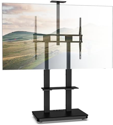 XTRARM Duolite mobiler, höhenverstellbarer TV Ständer für 45-110 Zoll und max. 120 kg, max. VESA 900x800, mit Ablagen und Steckerleiste (Schwarz, Manueller)