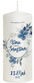 Liamoria® Hochzeitskerze Blume in Blau mit Namen, Datum und Spruch - Modell Alina - Personalisierte Kerze zur Hochzeit (20 x 8 cm)