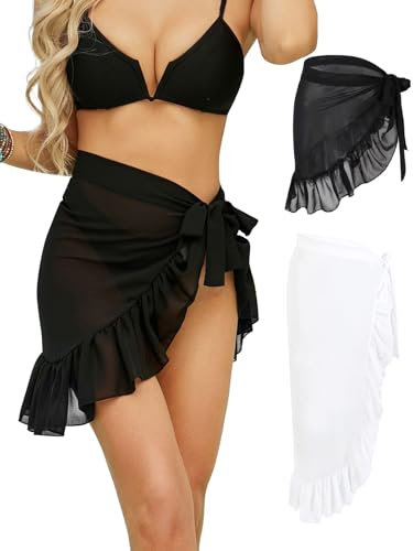 Monbessi 2 Stück Pareo Damen Strand Chiffon Durchscheinend Strandtuch Sarong Tuch Damen Strandrock Schnürschuh(Schwarz Kurz + Weiß Lang)