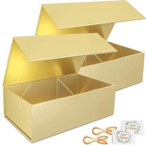 2 Pack Geschenkbox, 30x15x10cm Geschenkboxen für Presents with Lids Magnetic Closure Rectangle Collapsible for Groomsman Proposal Box, Wedding, Christmas, Halloween, Birthday Gift Packging (Golden)