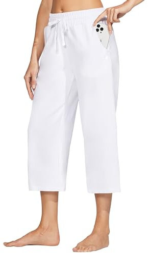 WILLIT Damen Caprihose Baumwolle Yoga Capri Casual Lounge Hose Weites Bein Workout Sporthose Jogginghose mit Taschen 20 Weiß XS