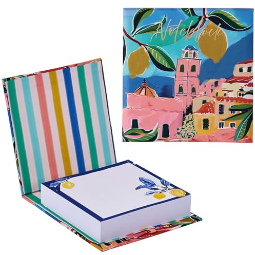 Design By Violet La Dolce Vita Noteblock with Pen – Lemon Tree Illustration with Blue & Yellow Leafy Pattern – Perfect for Note-Taking and Desk Organisation