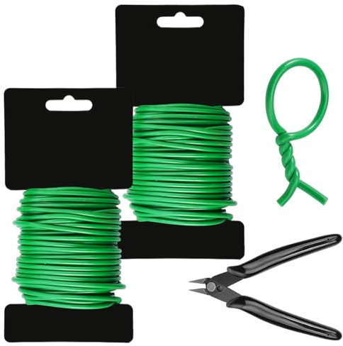 TESSTSY 2 Rollen 3.5 mm x 10 m Pflanzendraht für Low Stress Training, Flexibler Pflanzendraht Grün mit Schneider, Pflanzen Bindedraht Gummiert, für Gartenarbeit Weinreben und Blumen