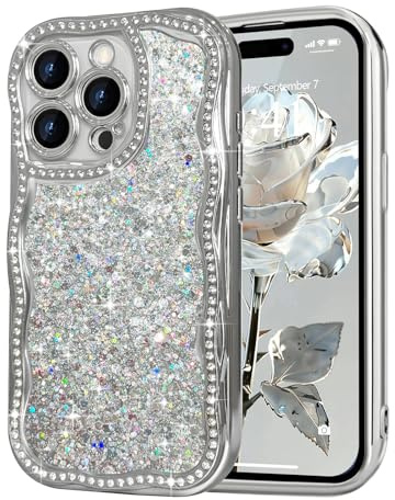 Ethanger Glitter Rhinestone Case for iPhone 15 Pro Max, Bling Back, Silver | Electroplated Wave Bumper, Crystal Diamond Design Cover, Protective Shockproof for Women Girls