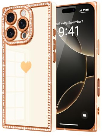 Urarssa for iPhone 16 Pro Max Case Rectangle, with Glitter Diamonds, White | Bling Sparkly Case with Cute Heart Pattern for Women Girls, Full Camera Protection Glossy Soft TPU Bumper Shockproof Cover