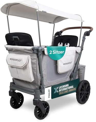Wonderfold L2 Bollerwagen Faltbar Kinder | Doppelsitzer Stroller Wagon für 2 Kinder mit 5-Punkt-Gurten, UV-Schutzdach & Stauraum | geländetauglich, kompakt faltbar als Bollerwagen