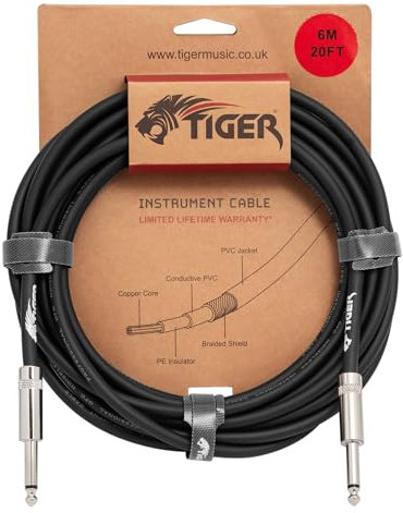 Tiger Cable de instrumento de guitarra de 6 m – Cable mono jack a jack de 1/4 pulgadas, conectores de cobre, cable blindado de bajo ruido para guitarra eléctrica, bajo, teclado, amplificador