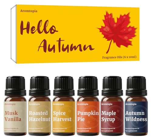 Diffuser Fragrance Oils, Aromtopia Essential Oils for Diffusers for Home, 6x10ml Autumn Set, Fall Scents for Candle Soap Making, Dryer Ball, Pumpkin Pie, Musk Vanilla, Spice Harvest, Autumn Wildness