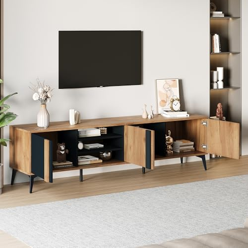 Mueble de TV marrón rústico de 180 cm, para televisores de hasta 80 pulgadas con puerta y compartimento abierto