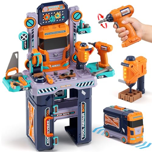 Lehoo Castle Kids Tool Bench, 2 in 1 Workbench & Truck Toy in One Design, Kids Tool Set with Realistic Electric Drill, STEM Learning Toys for 3+ Years Old Boys & Girls
