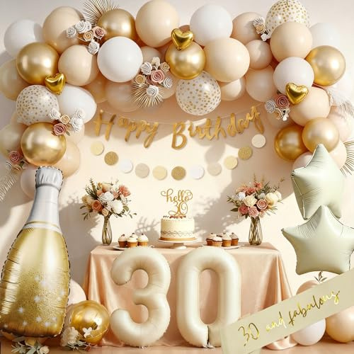 Globos 30 Anni Cumpleaños Hombres Mujeres, Decoracion 30 Años Cumpleaños Oro Beige, Decoraciones 30er Globos, Guirnalda y Globos