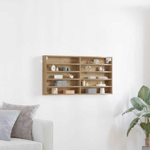 QUAHEAS Vitrine mit Regal, Artisan-Eiche, 100x8,5x50 cm, Holzwerkstoff, schmal, wandmontiert, mit 10 Fächern, für Wohnzimmer, Schlafzimmer und Büro