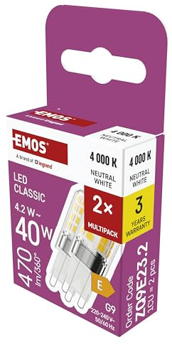 EMOS - G9 LED Lampe CLASSIC, 2er Pack - 4,2 Watt ersetzt 40 Watt Halogenlampe - G9 Pin Lampe JC mit Helligkeit 470 Lumen - Neutralweiß 4000 Kelvin - langlebig 30000 h - 300° Abstrahlwinkel - SMD LEDs