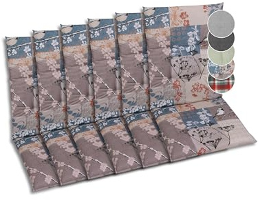 GO-DE Textil Bequeme und attraktive Polsterauflagen für Mittellehner-Gartenstühle (6er-Set, Blattmotiv-Natur Taupe, Mittellehner)