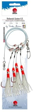 DEGA Rotbarsch-System 4.0 by Torsten Ahrens, Tiefsee-Meeresvorfach, 4 Seitenarme, 6/0 Circle Hooks, UV-/Luminous-Perlen, 1,00 mm, 5,0 m
