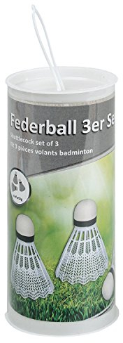 Idena 7418409 - Federball in weiß, 3er Set, aus Kunststoff, mit Schaumstoffspitze, in runder Transportdose, Ersatzzubehör für jedes Badmintonspiel