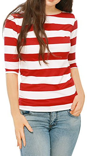 Allegra K Women's Elbow Sleeves Top Casual Boat Neck Slim Fit Stripe T-Shirt Red 16