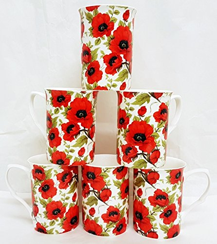 Red Poppy Mugs Set of 6 Fine Bone China Floral Poppies Cups Hand Decorated in UK