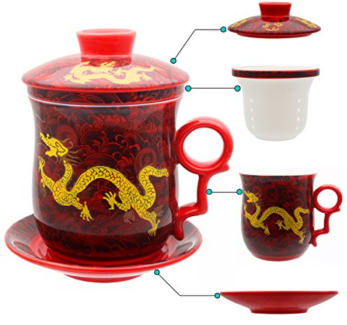 HOLLIHI Porcelain Tea Cup with Lid and Saucer Infuser Sets - Chinese Jingdezhen Ceramics Coffee Mug Teacup Loose Leaf Tea Brewing System for Home Office