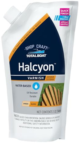 TotalBoat Halcyon Water-Based Marine Varnish | Fast-Drying Polyurethane Wood Finish for Boats, Outdoor Furniture, and Woodworking | Clear Amber Gloss, Quart