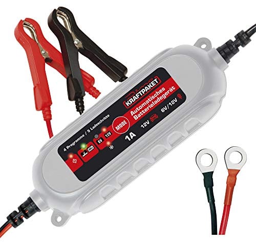 Dino KRAFTPAKET 1A-6V/12V intelligentes und automatisches Batterieladegerät | Für Blei-Säure, GEL, Start/Stopp EFB, AGM-Batterie | KFZ-Ladegerät für Motorrad, Scooter, Motorroller, PKW, Boot