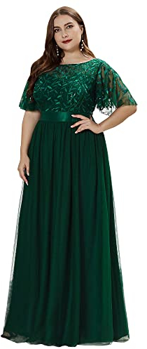 Ever-Pretty Plus Damen Rundhalsausschnitt Kurze Ärmel Pailletten Tüll Elegant Maxi Große Größe Brautjungfernkleid Dunkelgrün 50