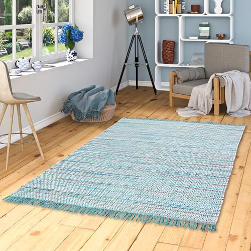 Pergamon Baumwolle Natur Teppich Cayenne Blau Bunt Meliert in 6 Größen