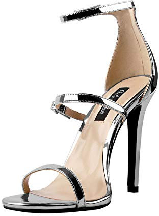Only maker Damen Riemchensandalen Sandaletten High Heels Stiletto Absatz Sandalen Schnalle Silber 44 EU