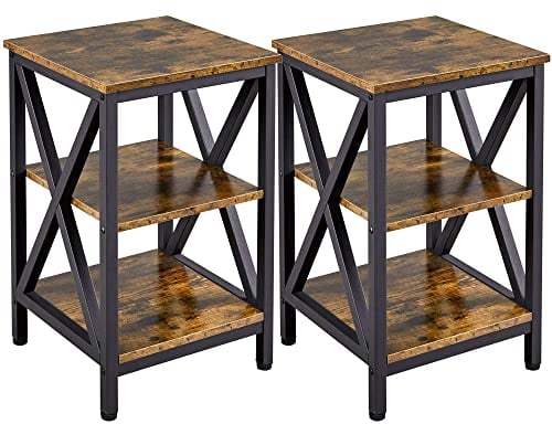 Yaheetech Retro Bedside Table Set of 2, X Design 3-Tier Nightstand End Side Table with Storage Shelf for Living Room Bedroom Small Space, Sturdy Furniture Set, Rustic Brown