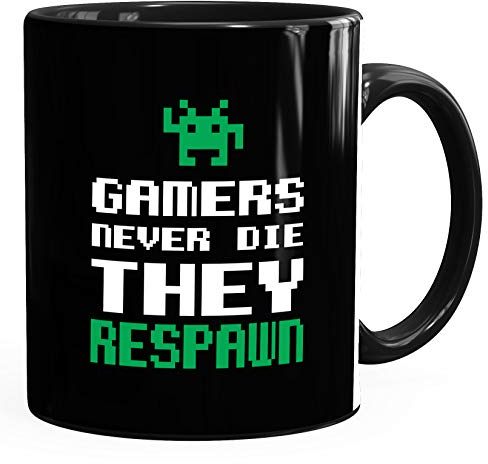 Kaffee-Tasse Gamers never die they respawn Spruch Pixel Zocker 90er 80er Retro MoonWorks® Uni Bunt schwarz unisize