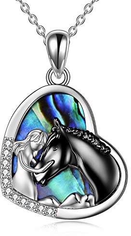 YFN Mädchen und Pferd Halskette für Mädchen Sterling Silber Pferdeschmuck Pferd Geschenke für Frauen (Schwarzes Pferd mit Abalone Muschelkette)