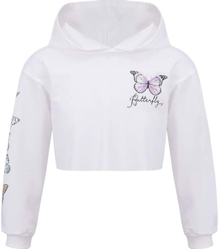 Alvivi Mädchen Sweatshirt Schmetterling Langarmshirt Crop Tops Bauchfrei Oberteile Kinder Hoodie Pullover Pulli Streetwear Gr.98-176 Weiß 134-140