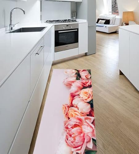 Tappeto Passatoia Cucina Lavabile Antimacchia Antiscivolo in PVC Flessibile e Resistente Made in Italy Larghezza 52 cm Lunghezza 80 cm Dis. Fiori Peonie Rosa